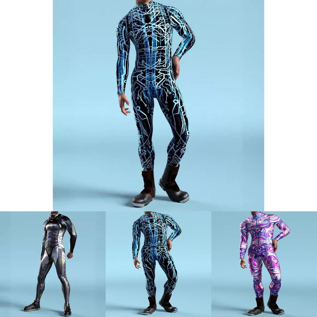 Halloween Tight Fit 3d Mechanical Print Adult Cosplay Jumpsuit For Role Play