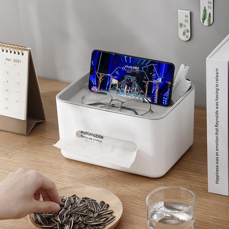 Modern Minimalist Multifunctional Desktop Tissue Box with Top Storage Compartment Home Remote Control Phone Glasses Organizer Household Goods