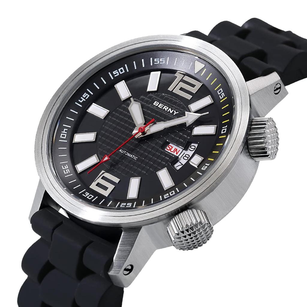 BERNY Men's Automatic Mechanical Dive Watch Sports Silicone Strap Waterproof 20ATM Sapphire Glass Scratch-Resistant Super Luminous
