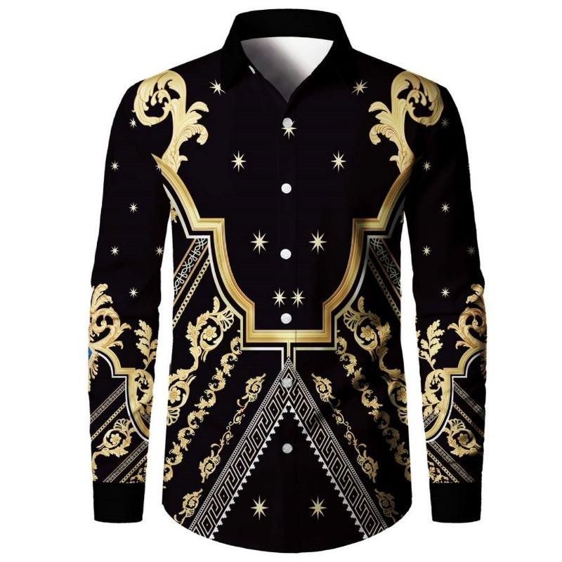 Men's Casual Long Sleeve Lapel Shirt Retro Ethnic Floral Print Fashion Loose Comfortable Long Sleeve Shirts for Man Simple Top