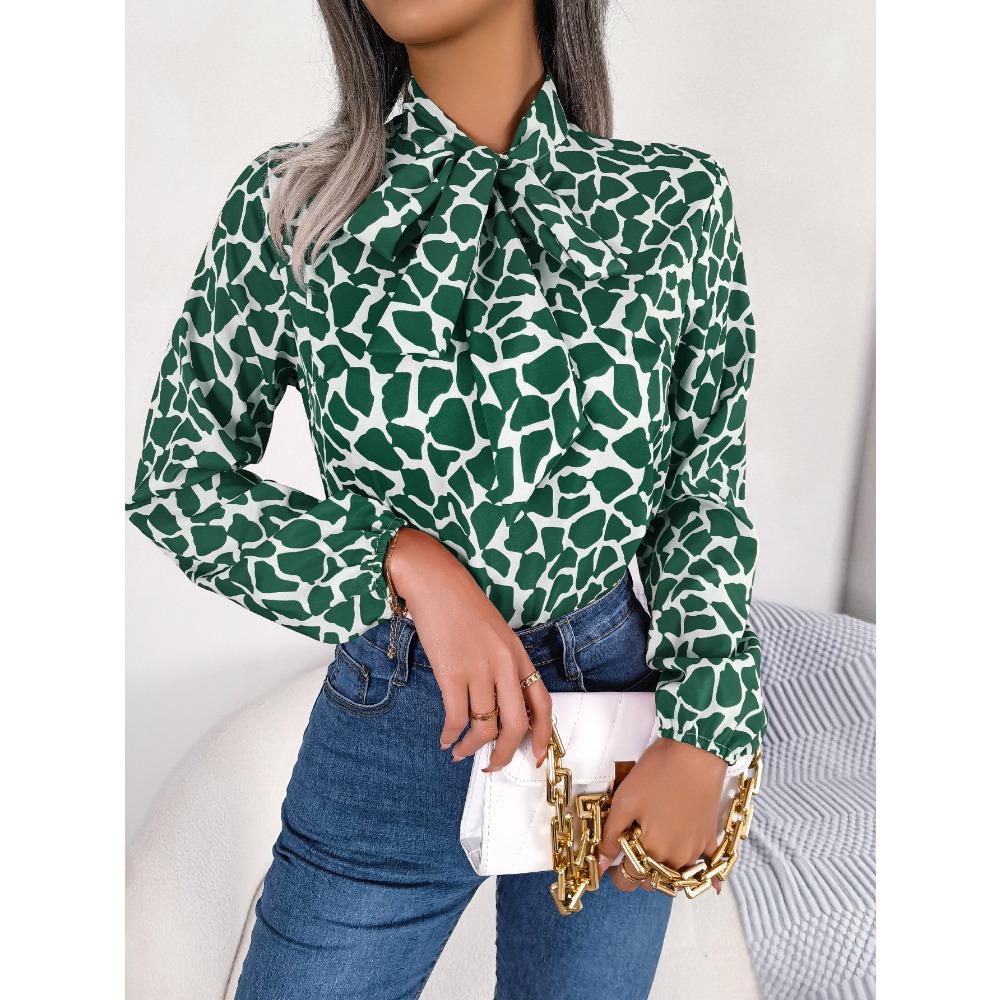 Spring and Summer Temperament Contrasting Color Lace-up Chiffon Top with Lantern Sleeves