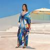 EDOLYNSA Summer Women Vacation Boho Blue Floral Printed V-neck Batwing Sleeve Loose Kaftan Robe 2024 Swimwear Cover Up Casual Beachwear Q1588