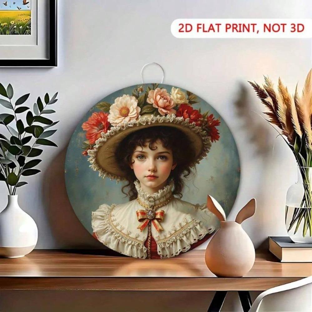 Vintage Victorian Lady Metal Wall Art Round 8x8 Inch Floral Hat Lace Collar Retro Tin Sign Home Cafe Office Decoration
