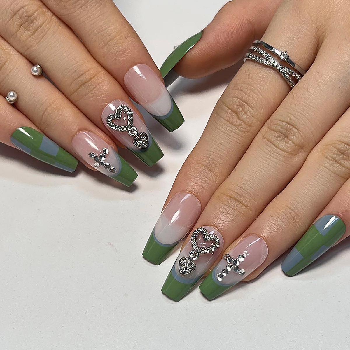 French Blue-Green Plaid Patchwork Wearable Nail Art Chrome Hearts False Nails JP2971 Glue Type