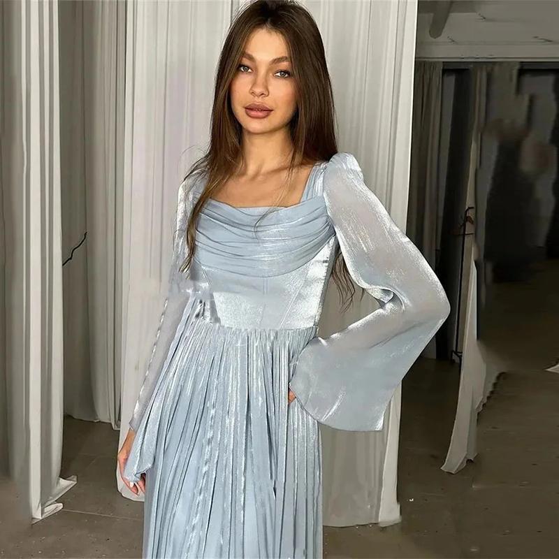 Vestido plisado de cintura alta con cuello cuadrado para mujer, elegante, estilo retro, corte, manga larga, primavera y verano 2025