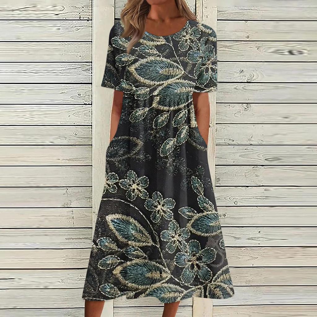 Women's Casual Dresses Printed Dresses Summer Dresses Printed Pleated Round Neck Midi Dresses Basic Classic Outdoor Daily Short Sleeve Loose Dresses