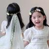 Flower Girls Tulle Wreath Wedding Princess Headwear White Bow Garland Veils  for Kids