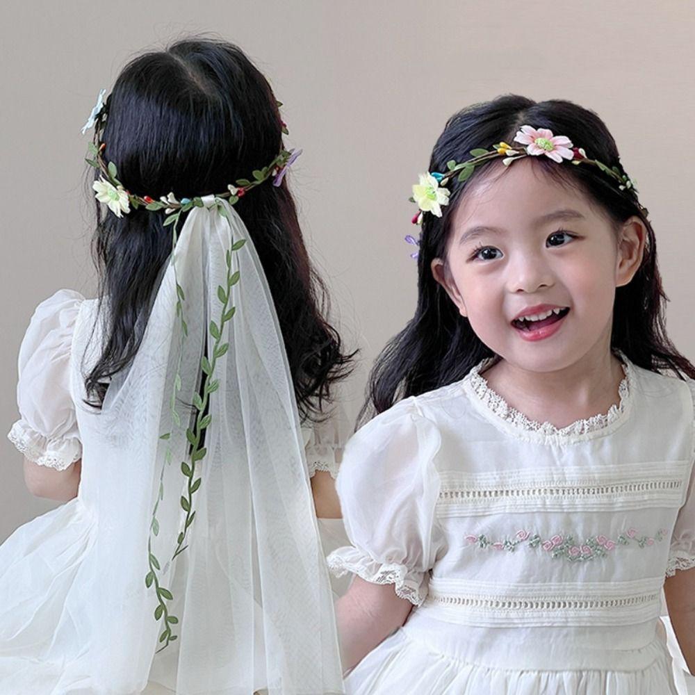 Wedding Tulle Wreath Flower Girls Princess Headwear New Bow Garland Veils  for Kids
