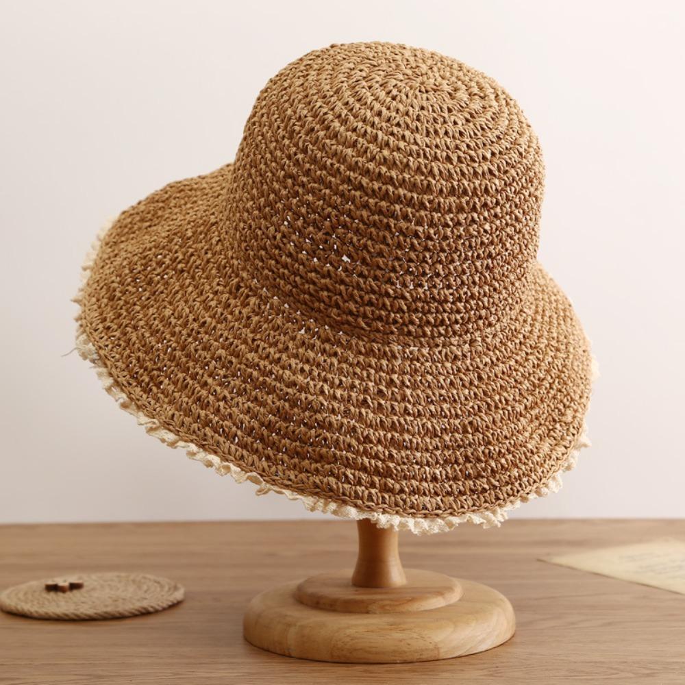 

Fashion Foldable Summer Sun Hat Lace Trim Hollow Straw Hat Sun Protection Women s Hat Travel хаки