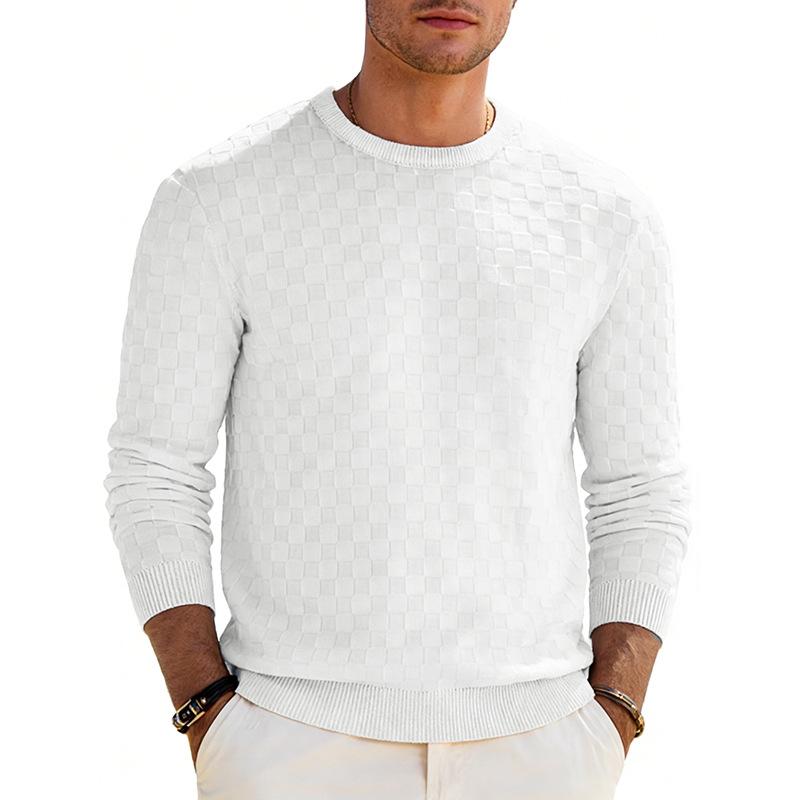 Mens American Heavyweight Loose Casual Checkerboard Jacquard Crew Neck Long Sleeve Sweatshirt