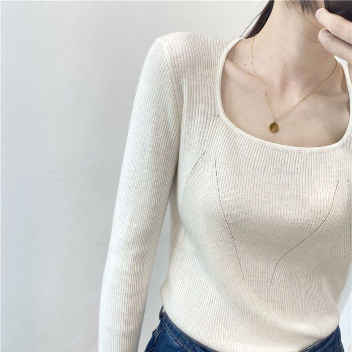 

Женский однотонный трикотажный свитер с длинным рукавом и квадратным вырезом для ранней осени и зимы Small