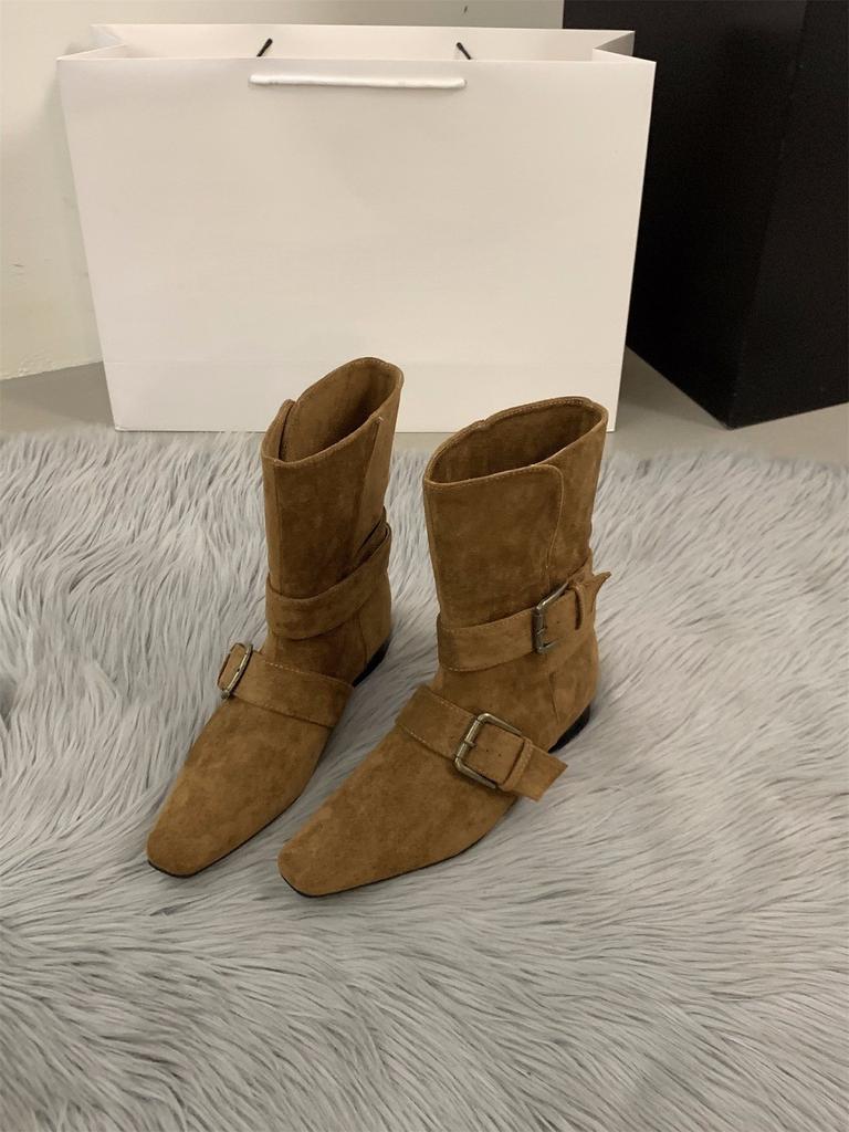 Coarse Heel Suede Brown Maillard Boots Women's Boots Season Skinny Matching Skirt Medium Boots Martin Boots