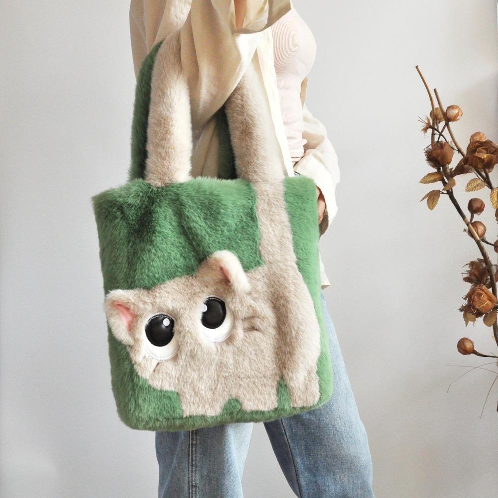 Creative Cartoon Cat Women's Plush Bag Embroidery Large Capacity Tote Bag Simple Fashion Soft Shoulder Bag for Autumn Winter