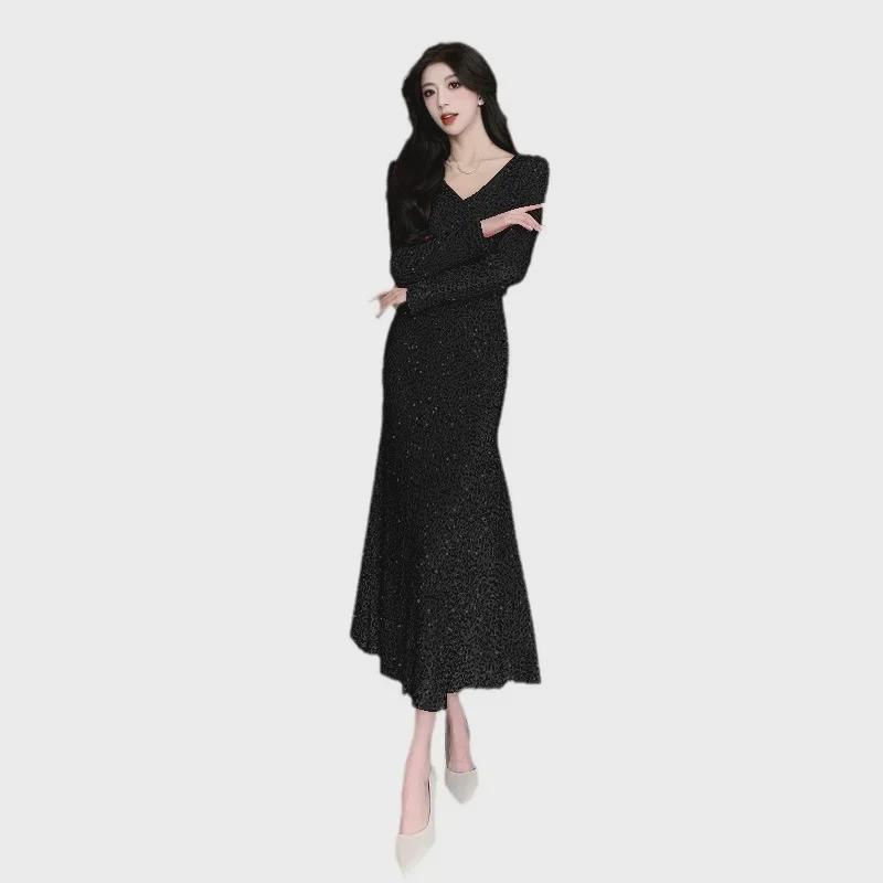 Women's V-Neck Long-Sleeve Sequin Fishtail Dress (2024 Autumn/Winter Collection)