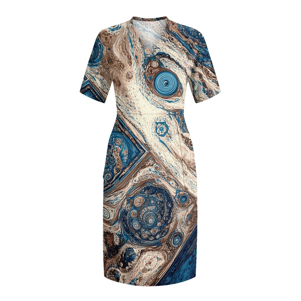 Letní nadměrné velikosti V výstřih krátký rukáv ke kolenům kapsa potisk ležérní šaty pro ženy