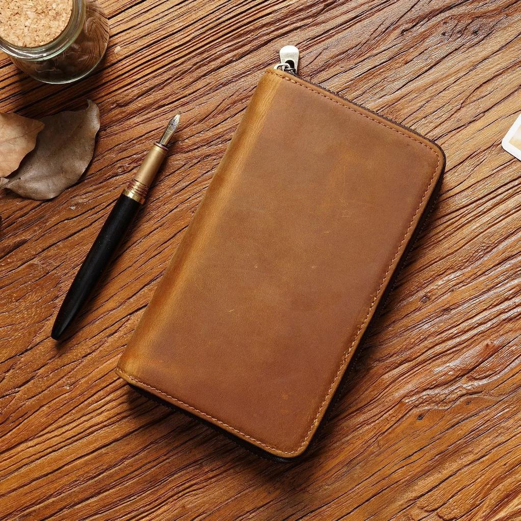 Genuine Leather Zipper Pencil Case Retro Zip Pen Pouch For School Students Supplies Gifts Cowhide Pencil Bag with Pen Slots