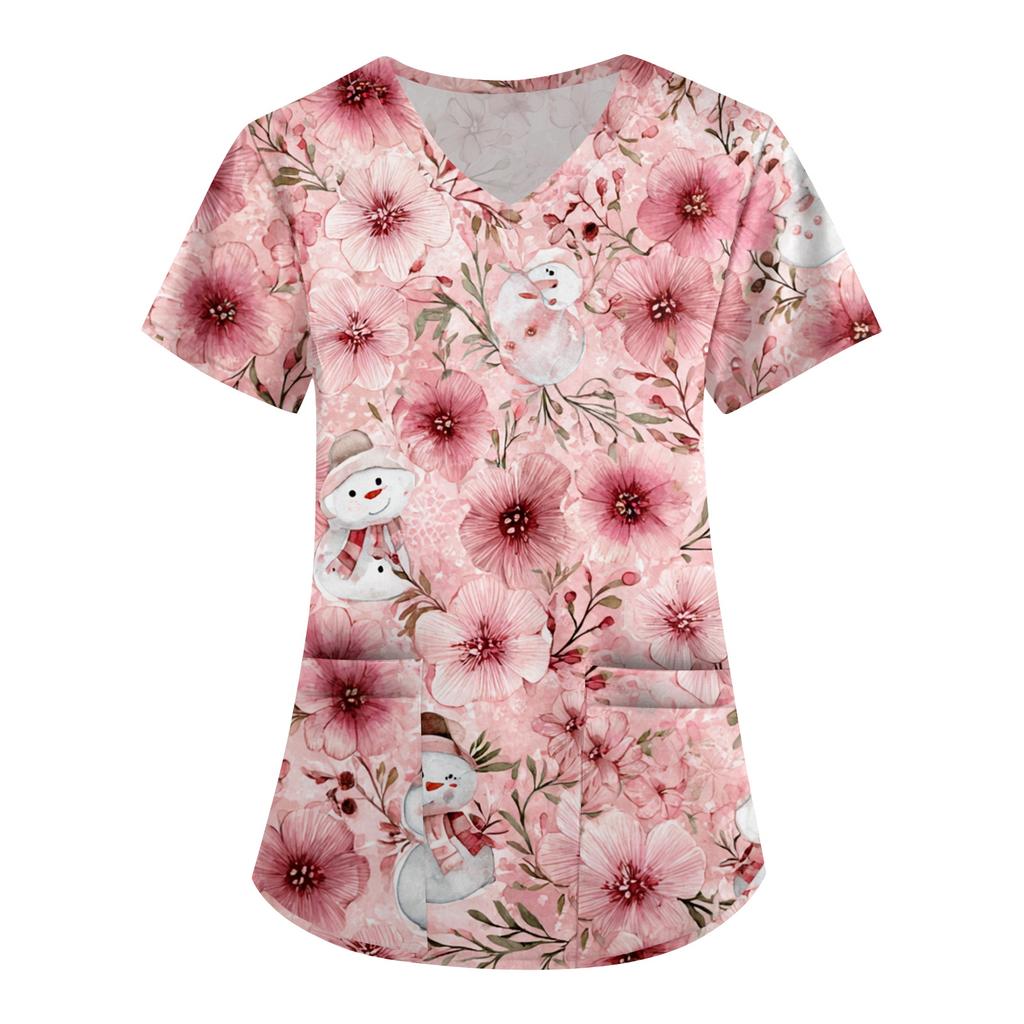 Women's Printing Uniform Work Uniform V-neck Pockets Basic Short Sleeve Pullover Top
