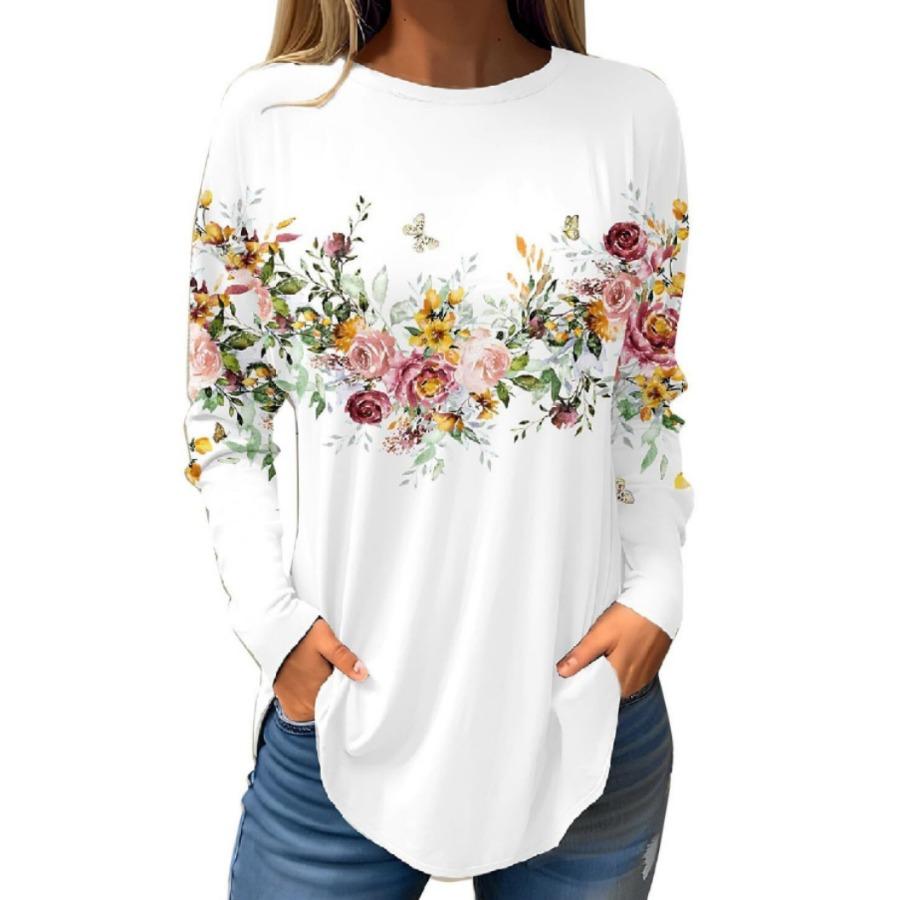 

Винтажные женские футболки с длинным рукавом с 3D-принтом, цветочный круглый вырез, топ для женской одежды L