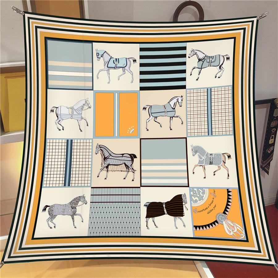 Silk Scarf Women Horse Print Square Scarves Head Echarpes Silk Foulards Femme Wraps Beach Shawl Bandana Lady Hijabs 90CM