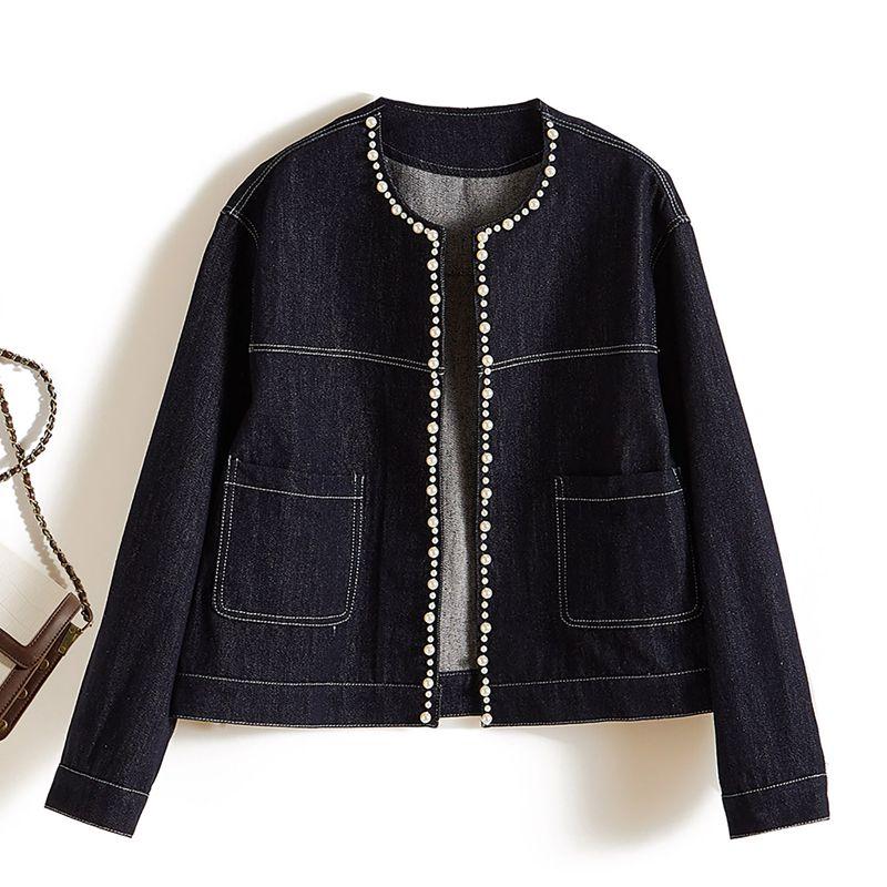 

Pure Export Orders Exported to Japan! Sewing Pearl round Neck Long sleeve Washing Denim Cotton Single-Breasted Exquisite Girl Outerwear New Dark Blue 4XL