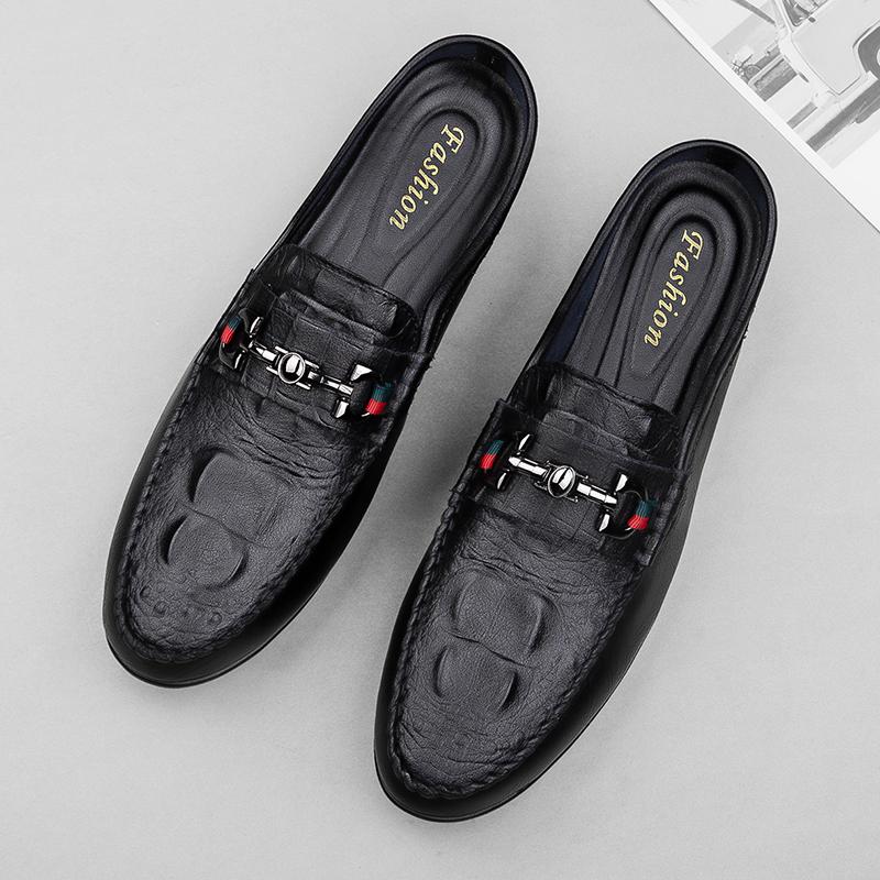 Crocodile Pattern Men's Slippers Genuine Leather Muller Shoes Outdoor Man Loafers Non-slip Casual Half Shoes Fashion Lazy Flats
