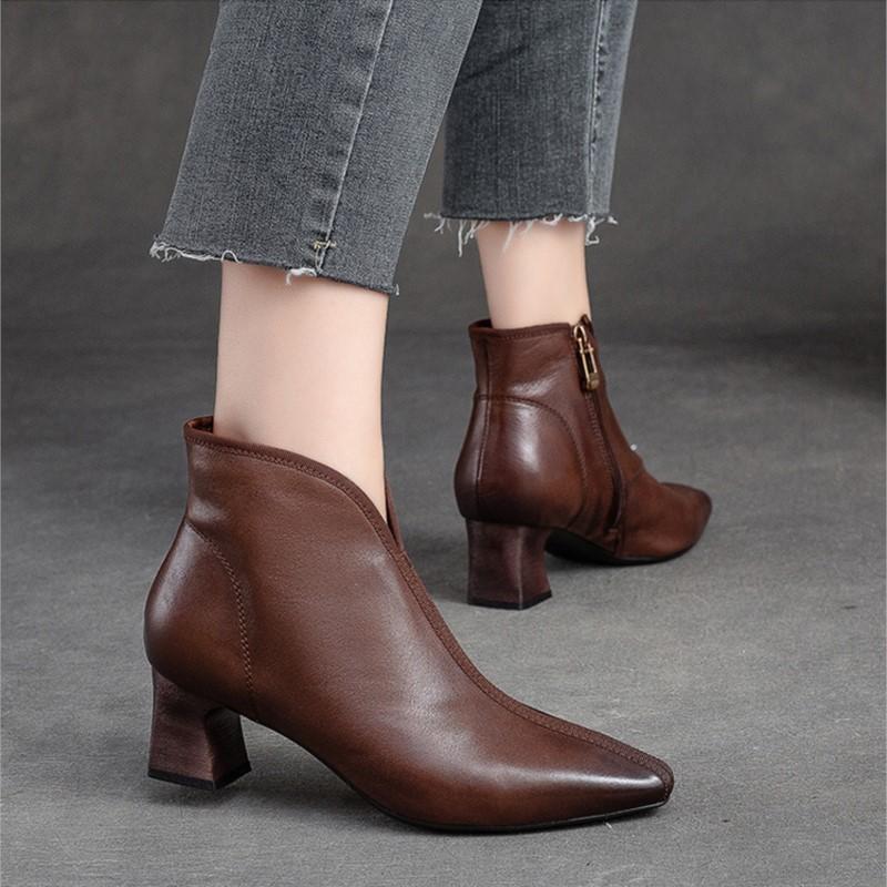 Johnature High Heel Pointed Toe Women Boots Vintage Genuine Leather Versatile Temperament Lady Shoes