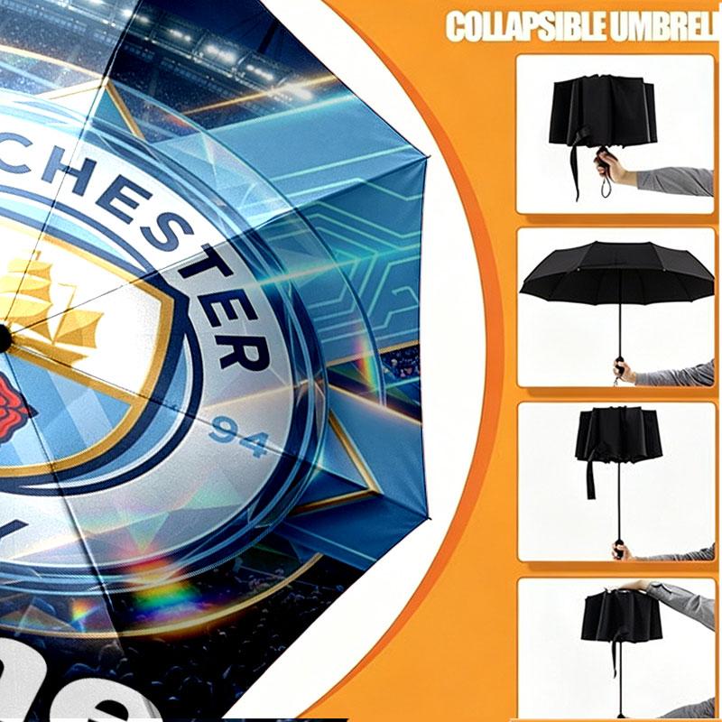 Custom Name Personalized Manchester City Print Umbrella, Auto Open Close, 8‑Rib Sturdy Frame, Commute Camping Hiking Use, Birthday Gift