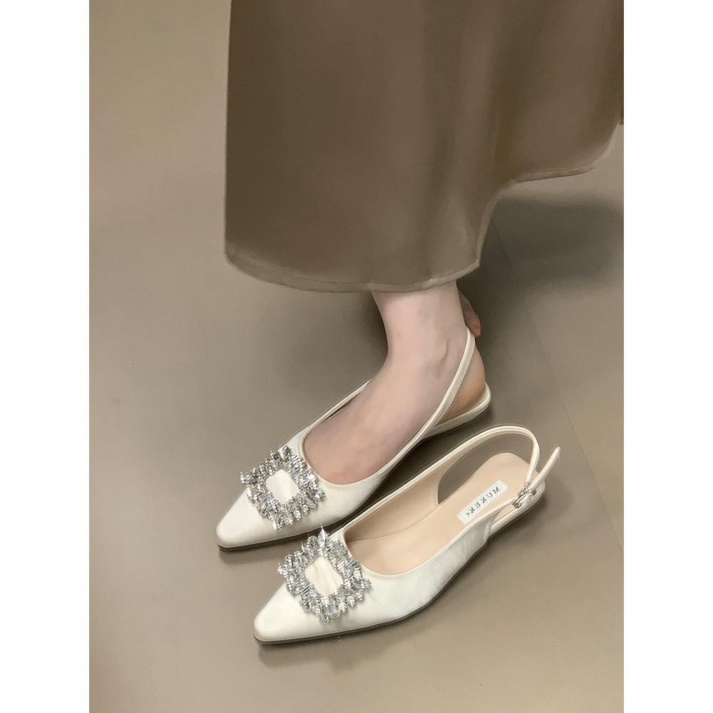 MUKEKe Square Buckle Rhinestone Wedge Heel Bag Head Sandals Women's 2025 Summer New Temperament Not Tired Feet Low Heel Single Shoes