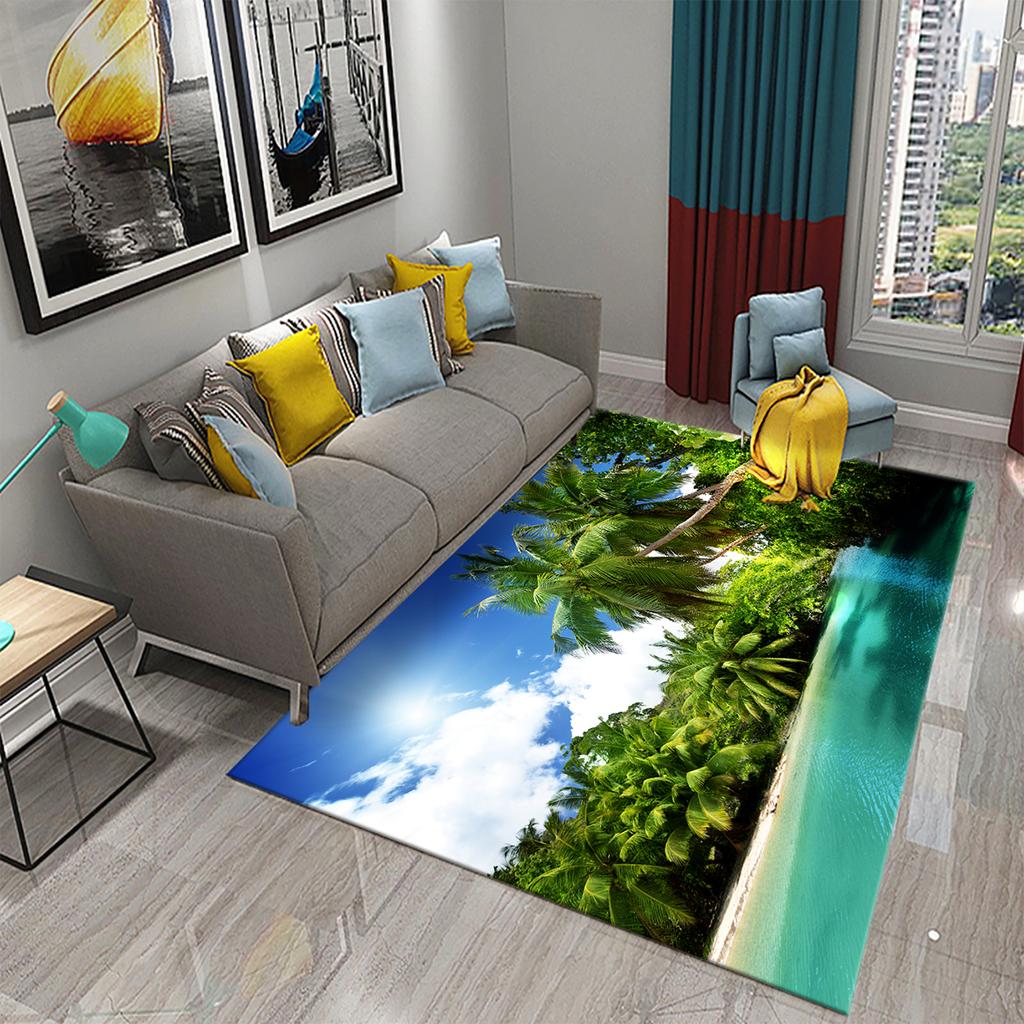 3D Tropical Island Ocean Beach Print Carpet for Kitchen Bathroom Living Room Bedroom Non-slip Absorbent Modern Home Decor Carpet