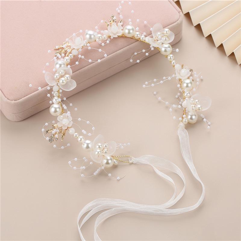 Bride Wedding Hair Accessorie Pearl Flower Headband Girls Crystal Floral Crown Garland Head Hoop Headpiece Hair Jewelry
