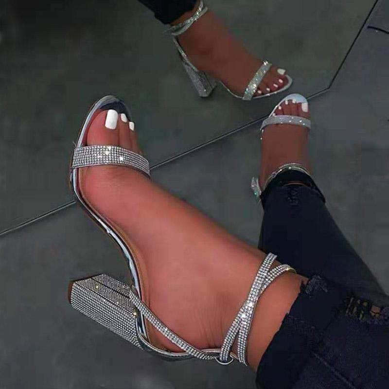 2025 New Summer Women Sandals Rhinestones Open Toe High Heel Sandalias Sexy Banquet Pumps Women's Square Heels Shoes WSH4602