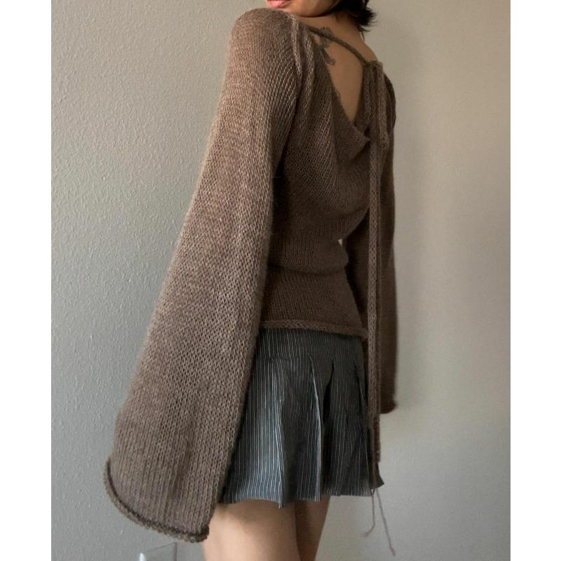 Top lavorato a maglia da donna autunnale nuovo, temperamento, manica svasata, con lacci, sexy, schiena scoperta, maglione