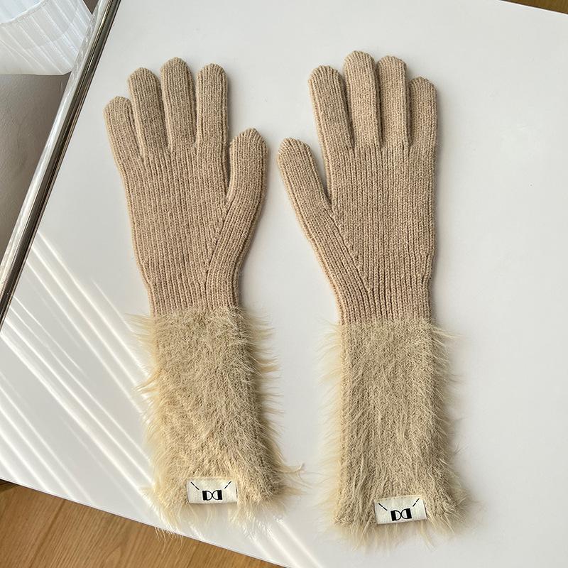 Autumn and winter dopamine solid color warm five-finger gloves versatile knitted cute student girl sweet long cycling sleeves