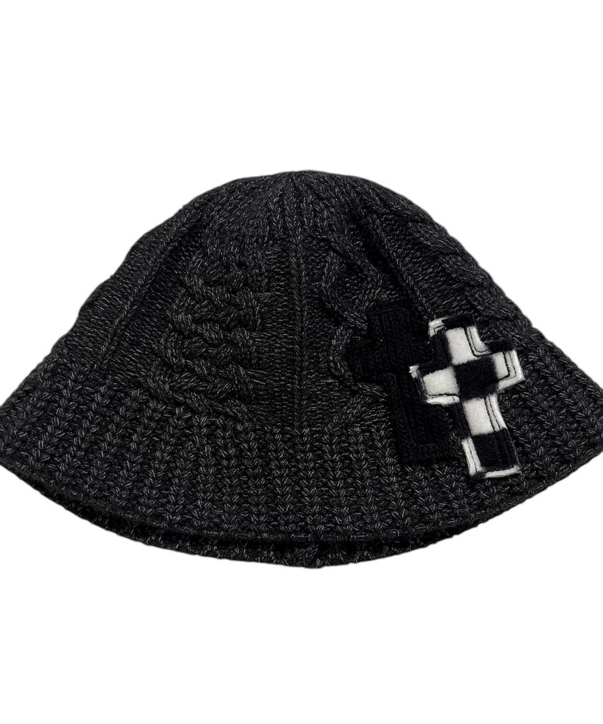 SK8ER ROCK Cable Knit Cross Bucket Hat ((Charcoal))