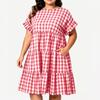 Robe à Carreaux Manches Courtes Col Rond Grande Taille pour le Travail Décontracté et les Trajets
