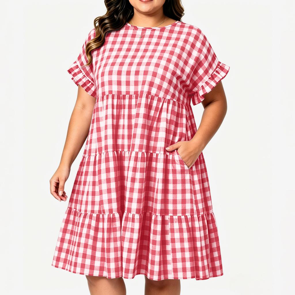 Robe à Carreaux Manches Courtes Col Rond Grande Taille pour le Travail Décontracté et les Trajets