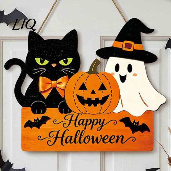 Halloween Party Background Props Door Sign with Hemp Rope Lanyard, Pumpkin Ghost Printed Hanging Decorative Plaque for Home Entrance Plaque,