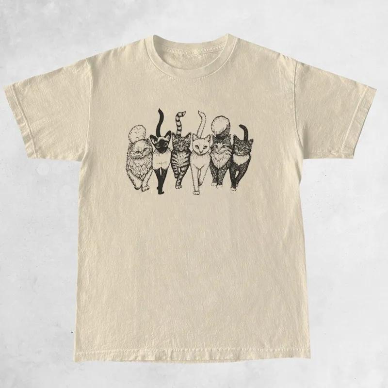 

Cat Gang Drawing Women TShirt Female Summer Casual Cotton Graphic Tee Vintage Fashion Cute Aesthetic Funny XL