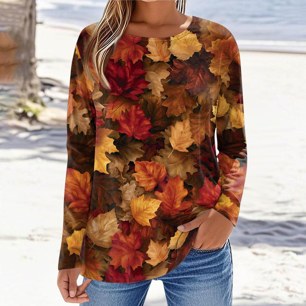 Women's Casual Long Sleeve Leaf Print Neck Blouse