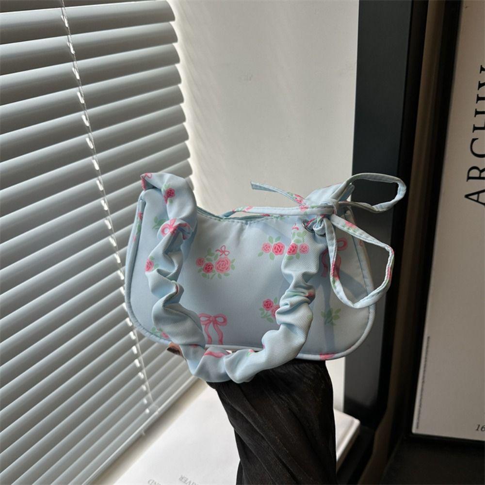 Sweet Flower Pleated Underarm Bag Nylon Zipper Floral Shoulder Bag Lightweight Large Capacity Girls Handbags