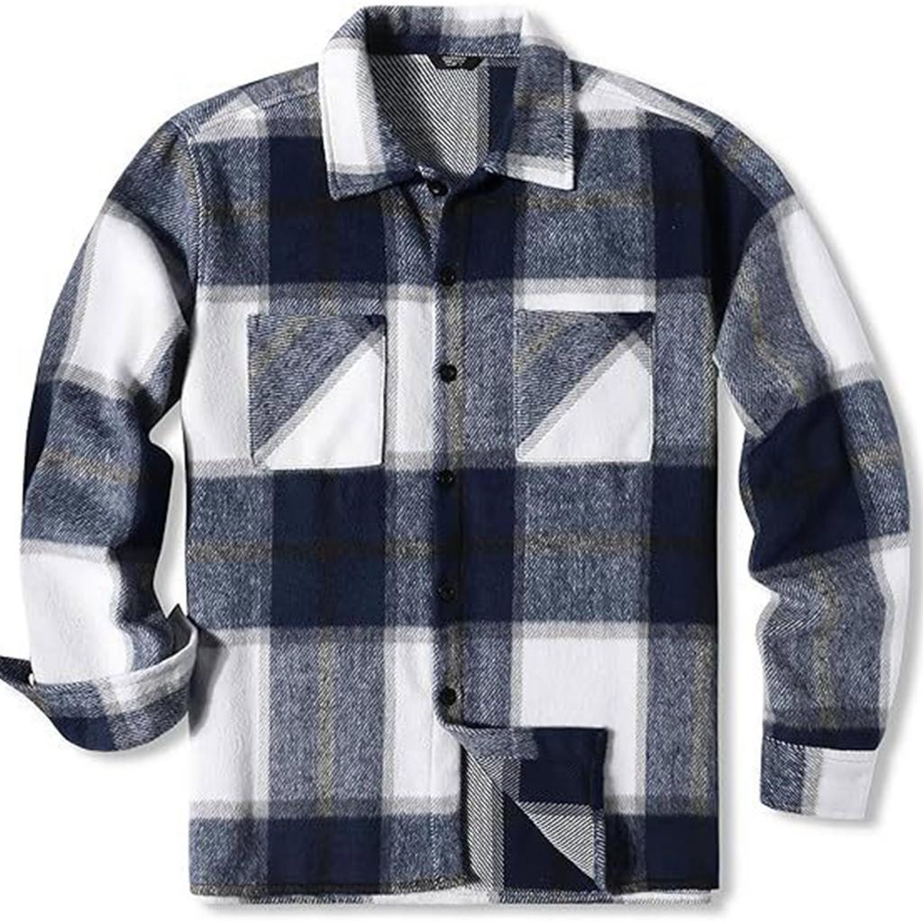 Men's Button Down Double Pocket Warm Plaid Colorblock Casual Comfortable Shirt Jacket
