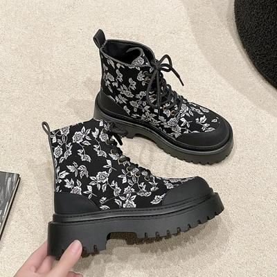Plus Size Printed Fashion Women's Boots Fall and Winter New Lace-up Round Toe Out Platform Martin Boots for Women