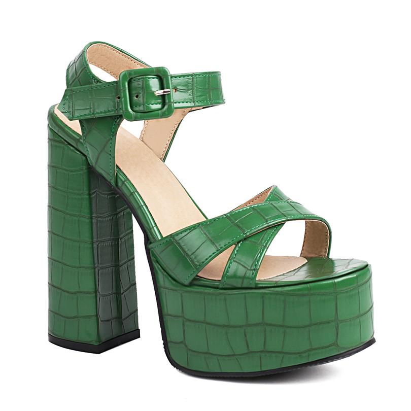 

Туфли на очень высоком толстом каблуке с перекрещенными тонкими ремешками, с открытым носком, с каменным узором, на высокой платформе, с квадратной пряжкой, женские сексуальные сандалии 39 зелёный