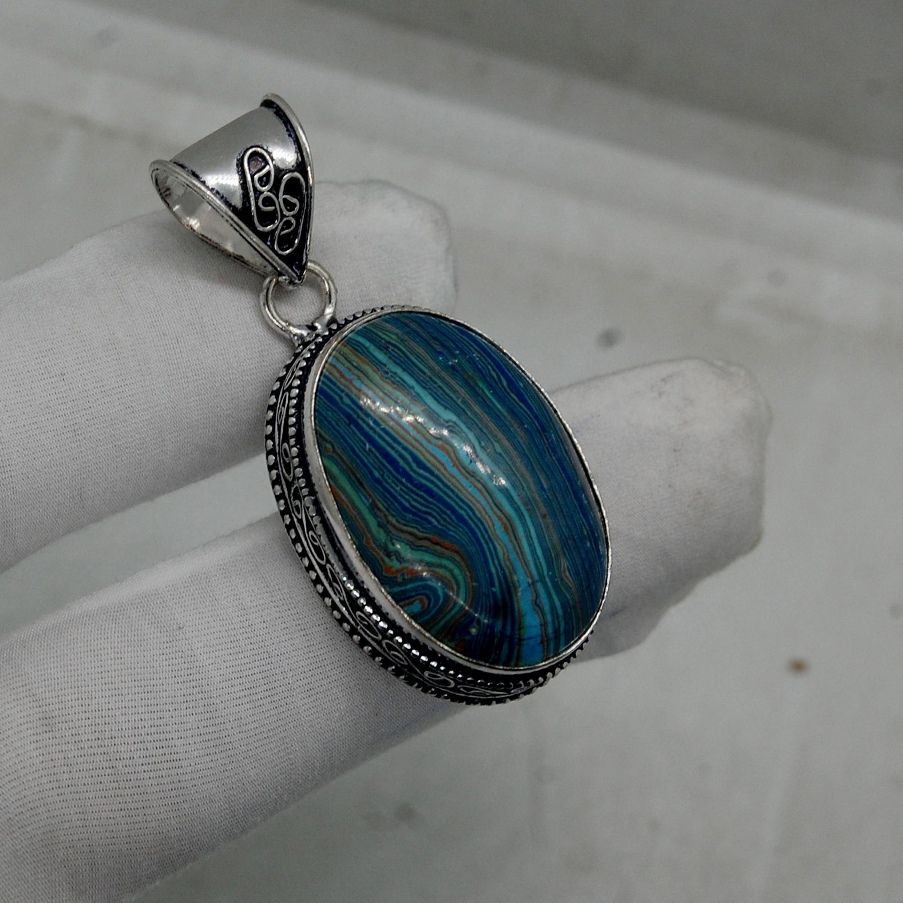 

Oval Cab Rainbow Calsilica 925 Sterling Silver Pendant Jewelry, Boho Style Pendant