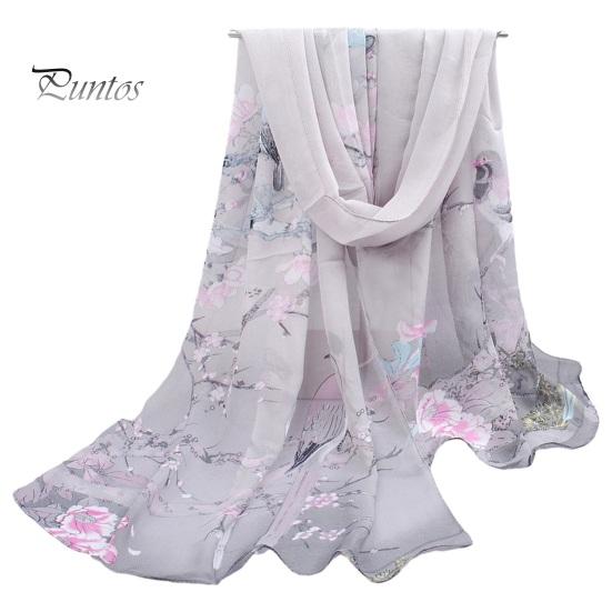 Floral Print Chic Women Scarf Bird Pattern Silky Colorful Wide Sunshade Chiffon Washable Travel Ladies Shawl Clothes Accessory Summer