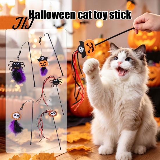 Spooky Spider Pumpkin Skull Toys Halloween Cat Wand Toy, Interactive Toy with Feathers And Bell, Designs, Ribbon for Indoor Cats Lightweight