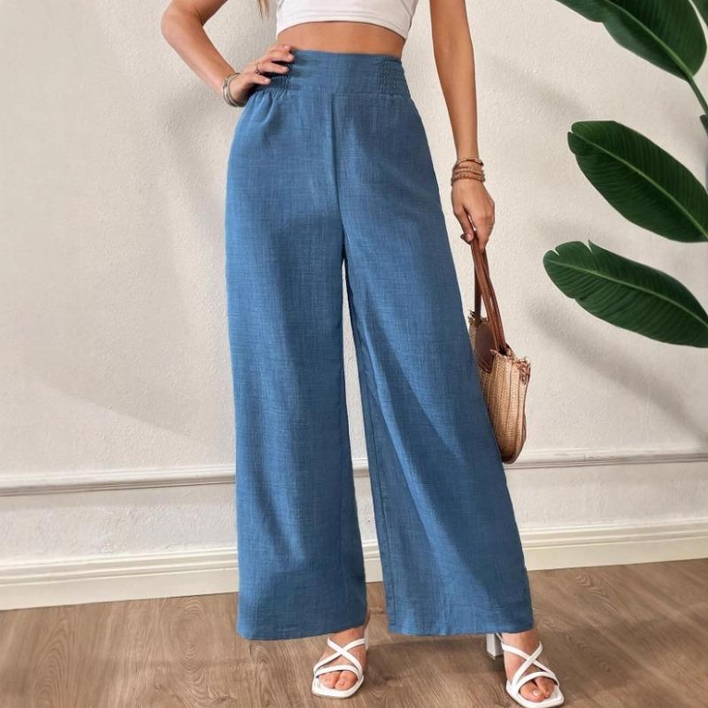 Women s Linen Blend High Waist Wide Leg Pants Elastic Back Waist S синий