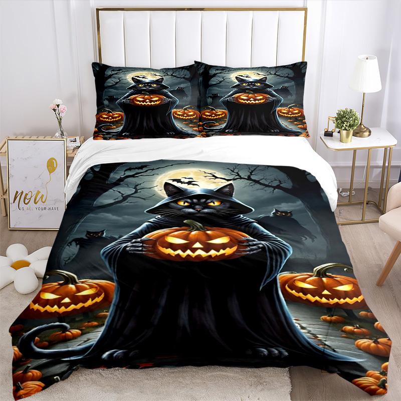 3pcs Cat, Jack-o'-Lantern Duvet Cover Set - Includes 1 Duvet Cover and 2 Pillowcases, No Quilt Core, All-Season Home Decor yy251111007