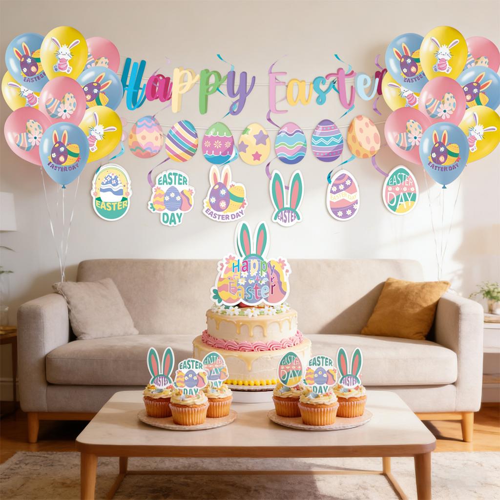 50 STÜCK Osterparty-Dekorationen, HAPPY EASTER Dekoration Osterparty-Dekorationsset Ei Hase Banner Kuchenaufsätze Osterparty-Zubehör
