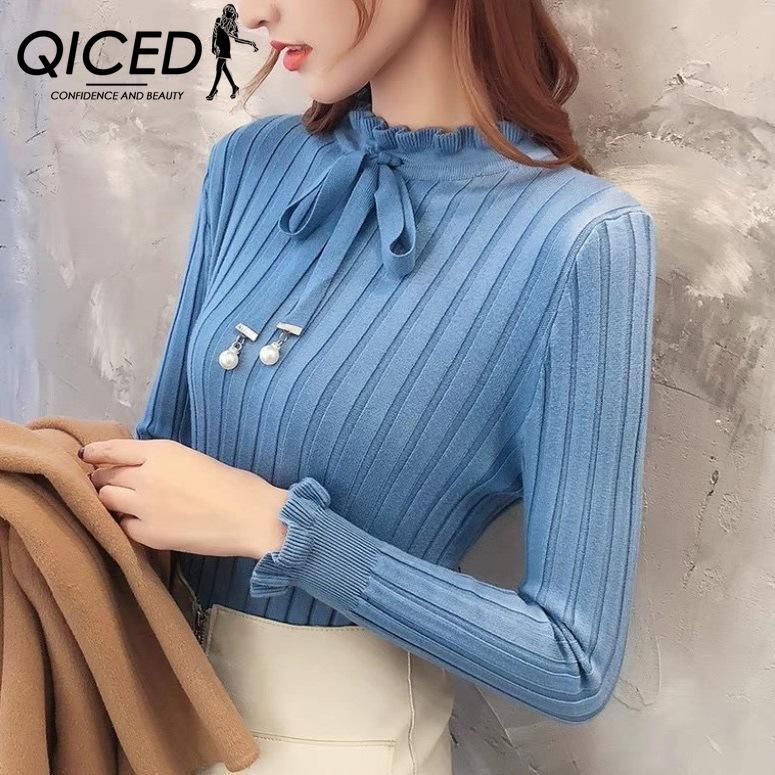 

QICED Светр Жіночий Мереживний Комір На Шнурівці Базовий Одяг Мода Милий З Воланами Трикотаж Uniform size синій